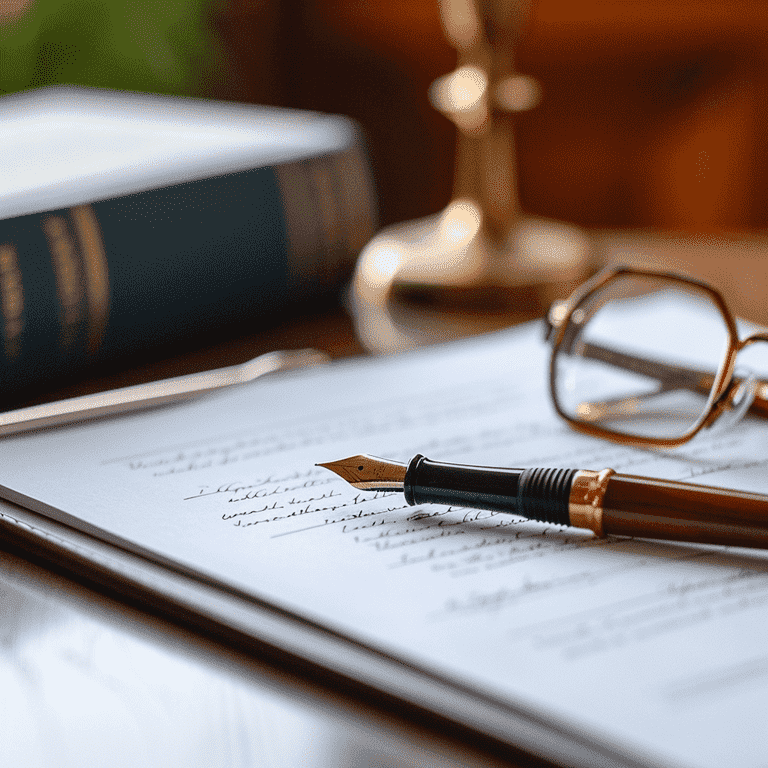 Draft of a will with a fountain pen and glasses on a desk, representing the careful planning in will drafting.