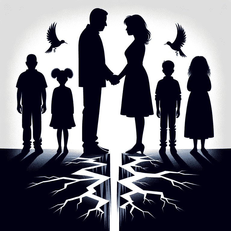 A family silhouette showing parents and children separated by a crack, representing the emotional impact of divorce on both children and parents.