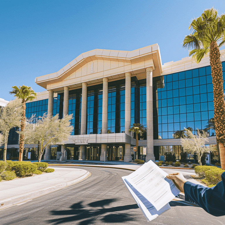 Person holding legal documents outside Las Vegas Family Court, representing the filing of a domestic violence case.