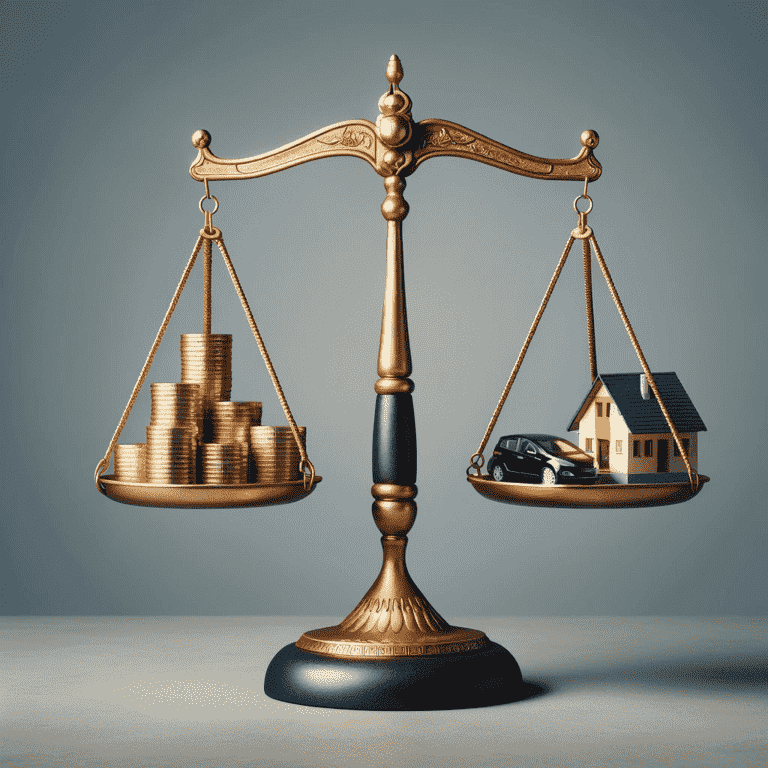 Balanced scale with coins and assets symbolizing financial considerations and stability post-divorce.