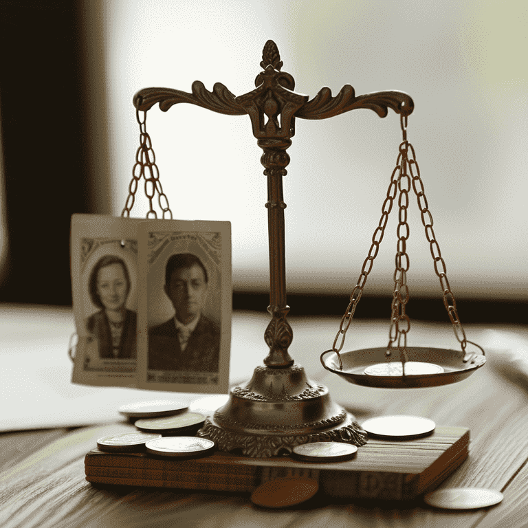 Balanced scale with family photos and legal documents, representing financial support and asset division in domestic violence cases.