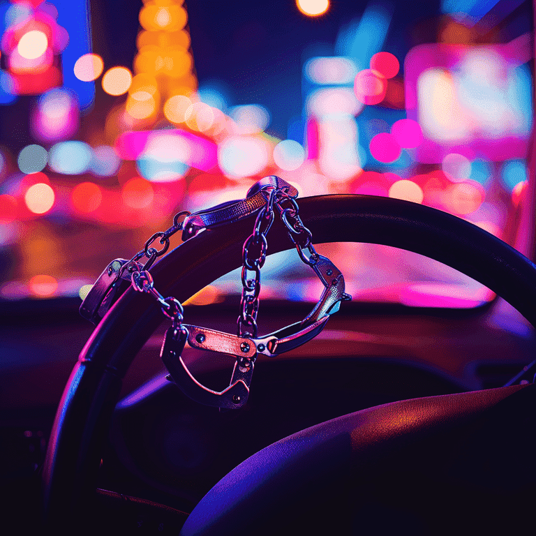 Cuffs on steering wheel with Vegas lights in the backdrop.