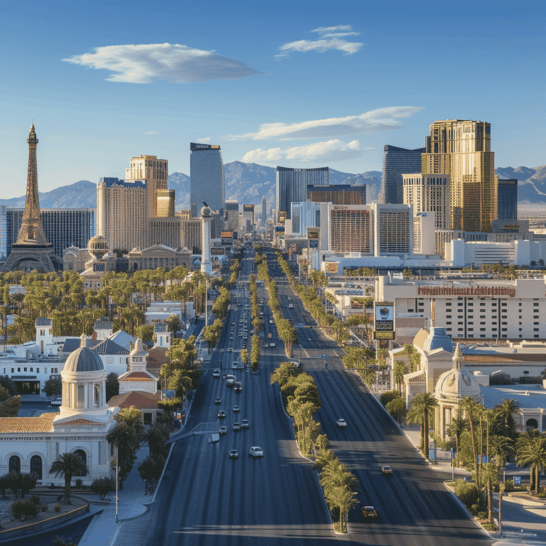 Las Vegas skyline highlighting courthouse and legal buildings.