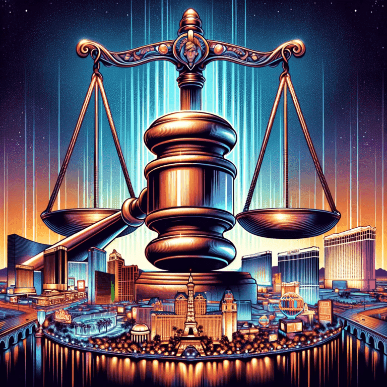 Gavel and scales of justice against Las Vegas skyline, representing DUI penalties.