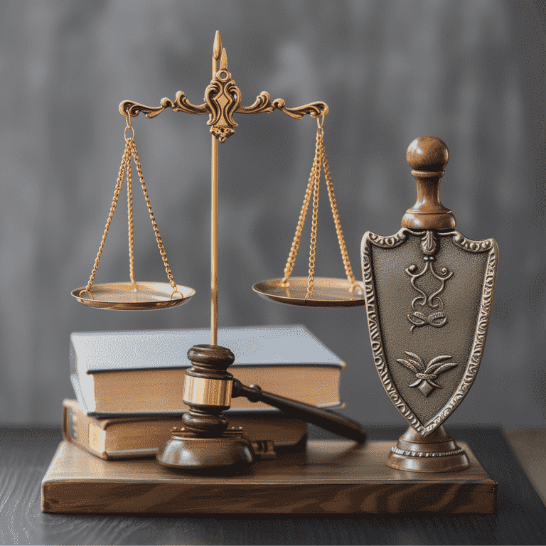 Balance scale with legal books and gavel versus protective shield, representing the balance in self-defense law.
