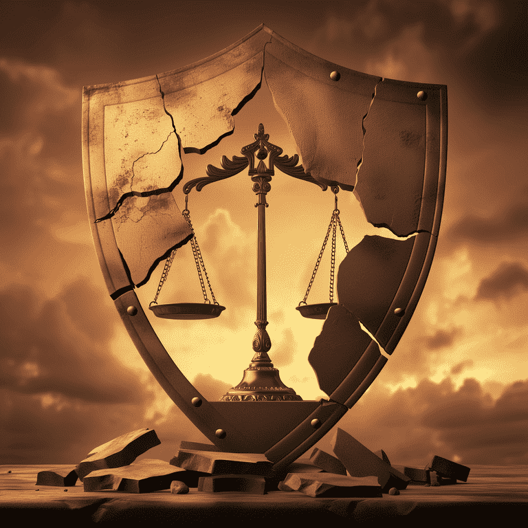 Broken shield with legal scales, illustrating the limitations and exceptions in self-defense laws.