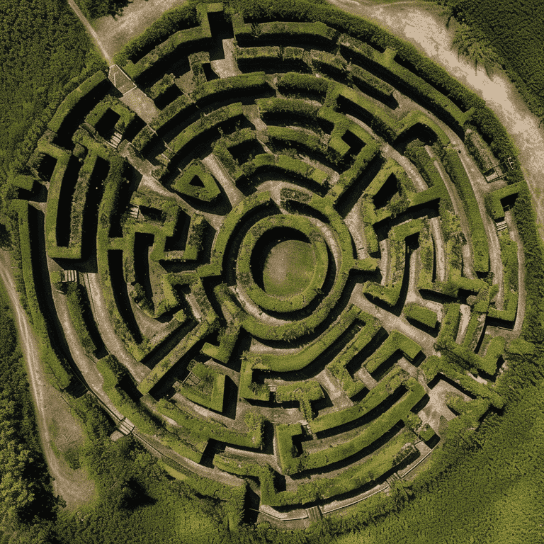 Aerial view of a maze with legal scales overlay, symbolizing the complexity of the legal system.