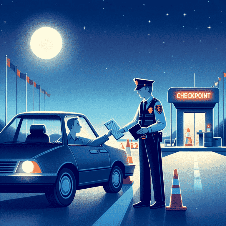 Driver calmly providing documents to an officer at a night-time DUI checkpoint