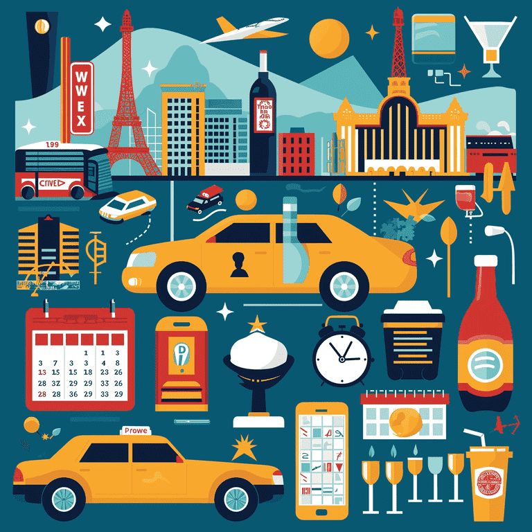 Illustration showing preventive measures against DUI, including designated driver, taxi, public transport, and counseling, set against a Las Vegas-themed background.