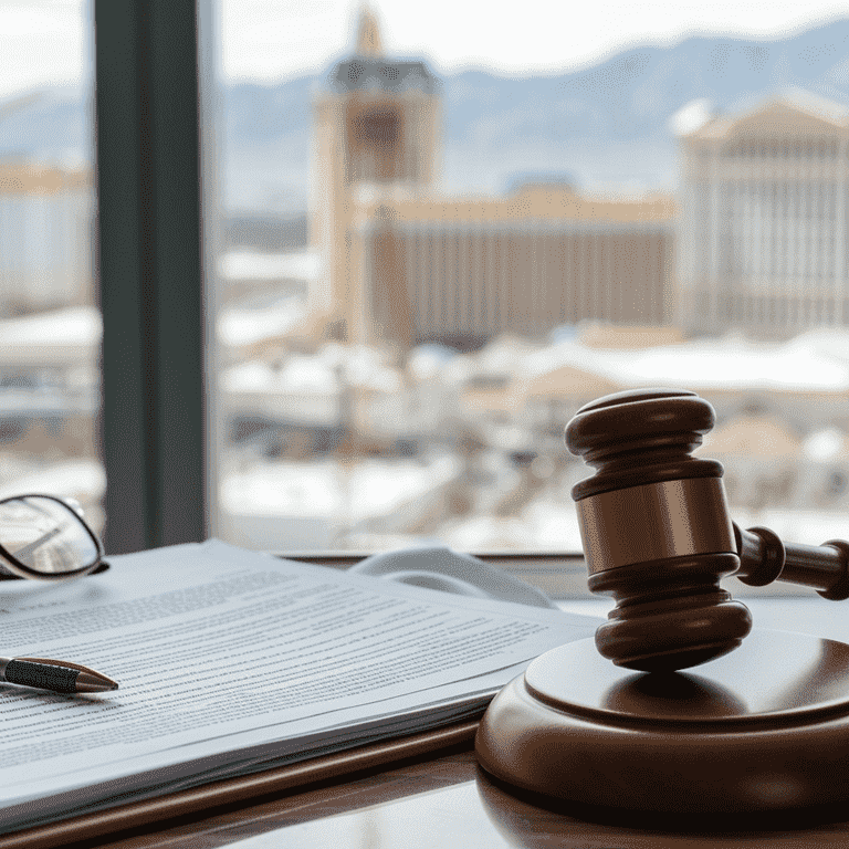 Gavel and protective order on a judge's desk in a Las Vegas courtroom.