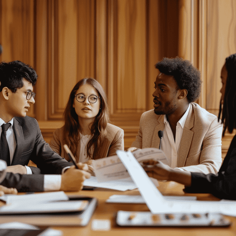 Diverse group of individuals gathered for support with legal resources on the table.