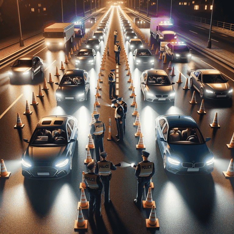 Cars in line at a DUI checkpoint with law enforcement officers conducting checks.