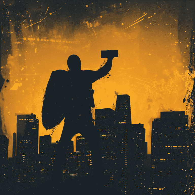 Shadowed figure defensively holding a shield in an urban setting, symbolizing the use of force in self-defense.
