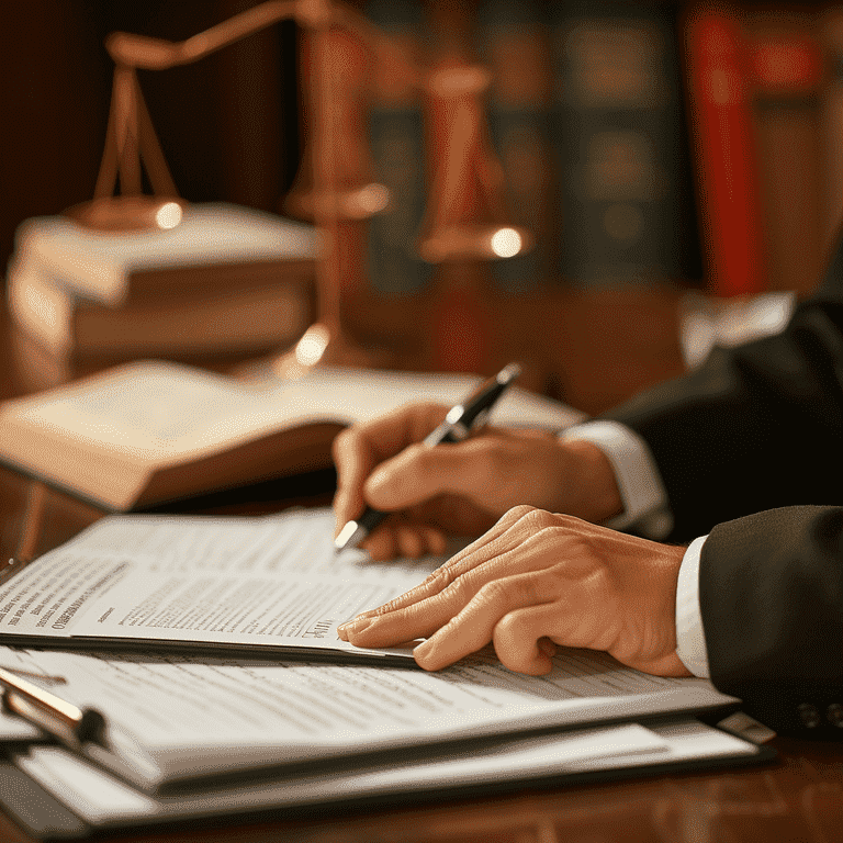 Lawyer or defendant preparing appeal documents in a legal office setting, surrounded by law books.