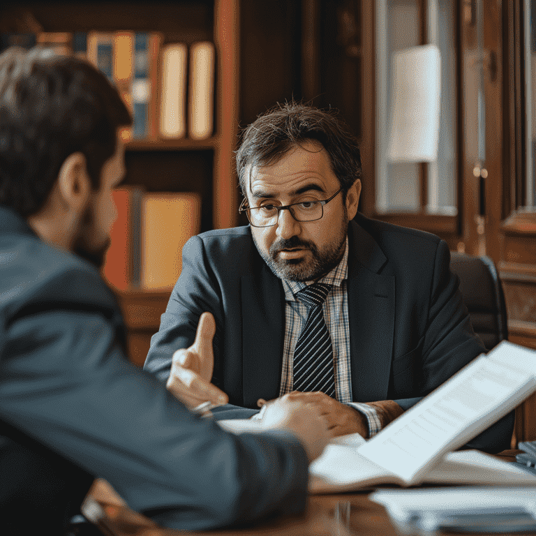 Man in suit with glasses discusses papers across a desk.