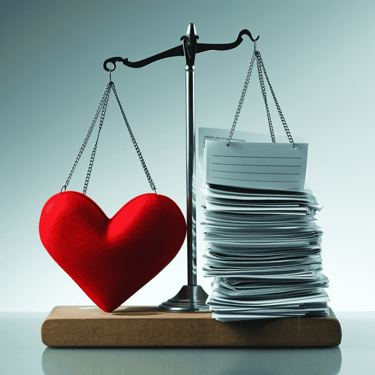 Balance scale with a heart and legal documents representing the balance in guardianship responsibilities.