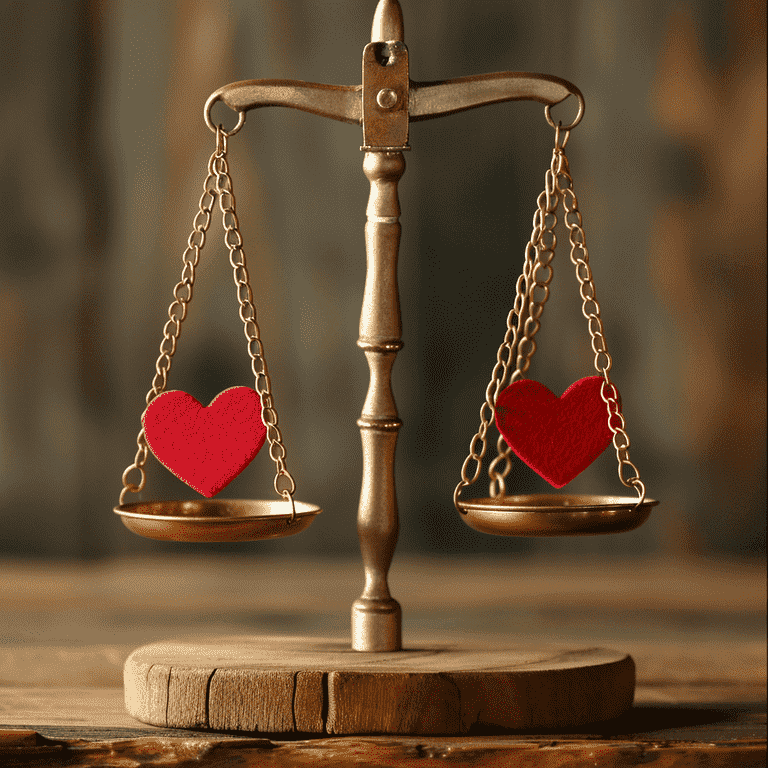Balanced scale with heart-shaped weights symbolizing the fairness and balance in prenuptial agreements.