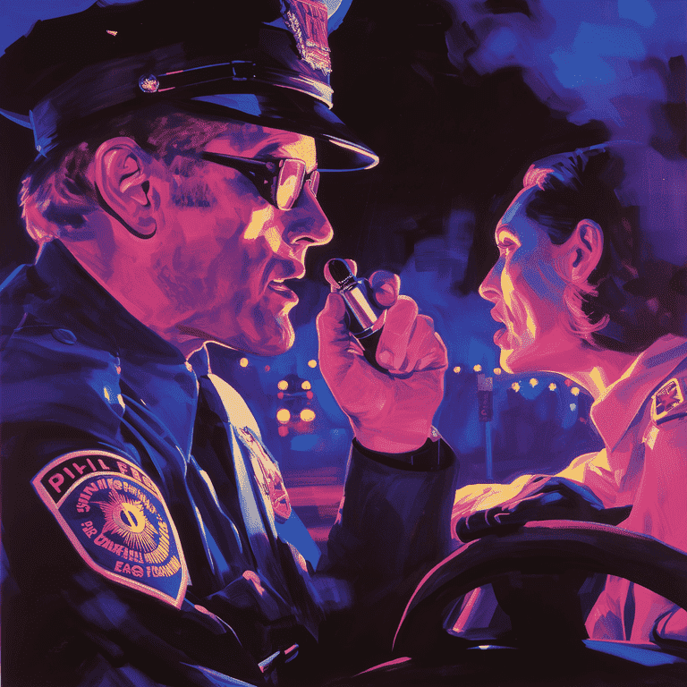 Driver encountering a police officer with a breathalyzer during a traffic stop.