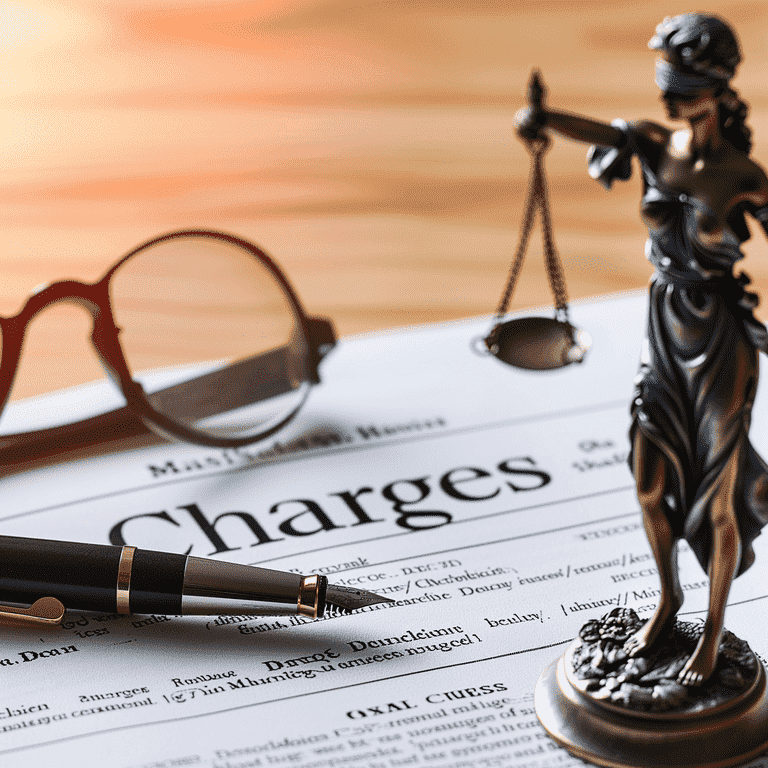 A bronze statue of Lady Justice holding scales sits atop legal documents labeled "Charges"