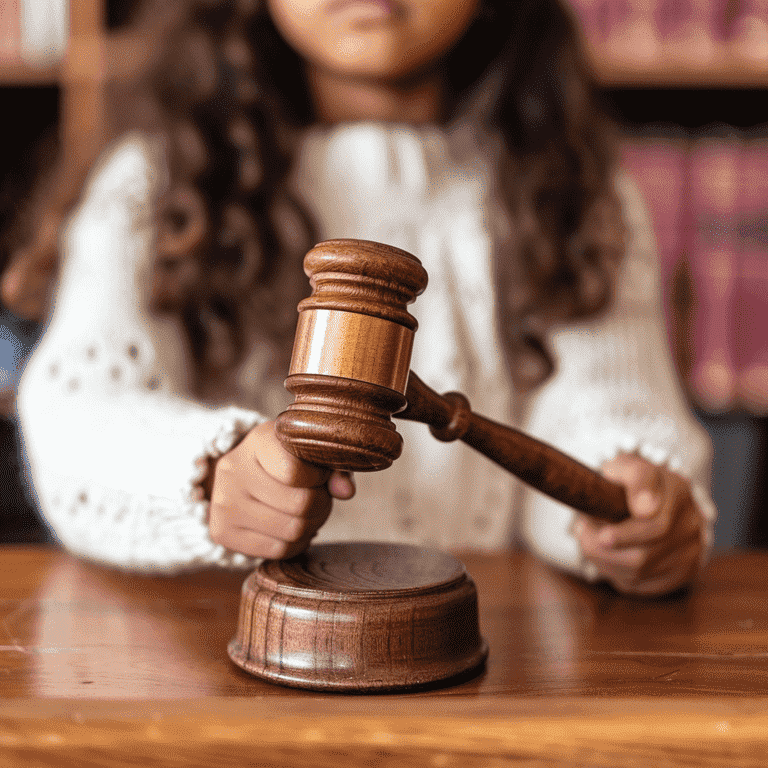 Child holding a gavel in a courtroom, representing the child's right to express preference in legal matters.