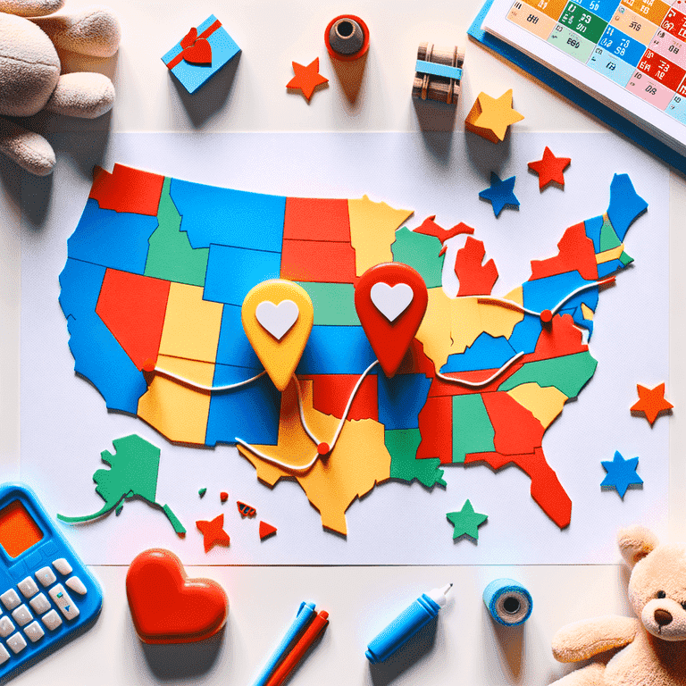 Map with two pins connected by a heart-shaped line and co-parenting symbols, representing the unity in co-parenting across state lines.