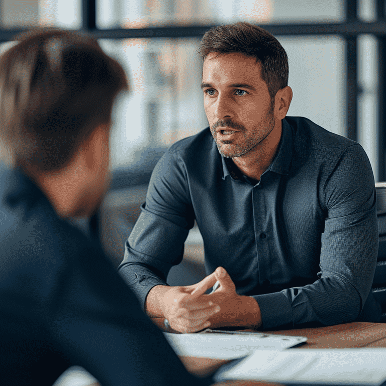 Individual consulting with a lawyer, asking questions about custody case fees, with legal documents on the table