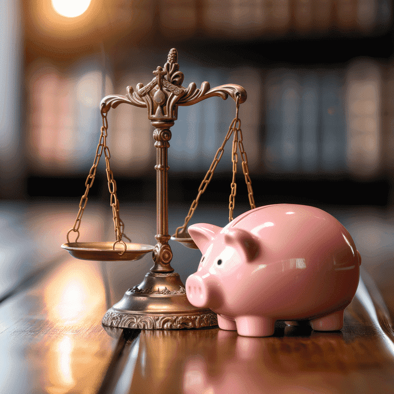 Justice scale and piggy bank in a courtroom, representing the cost of legal defense.