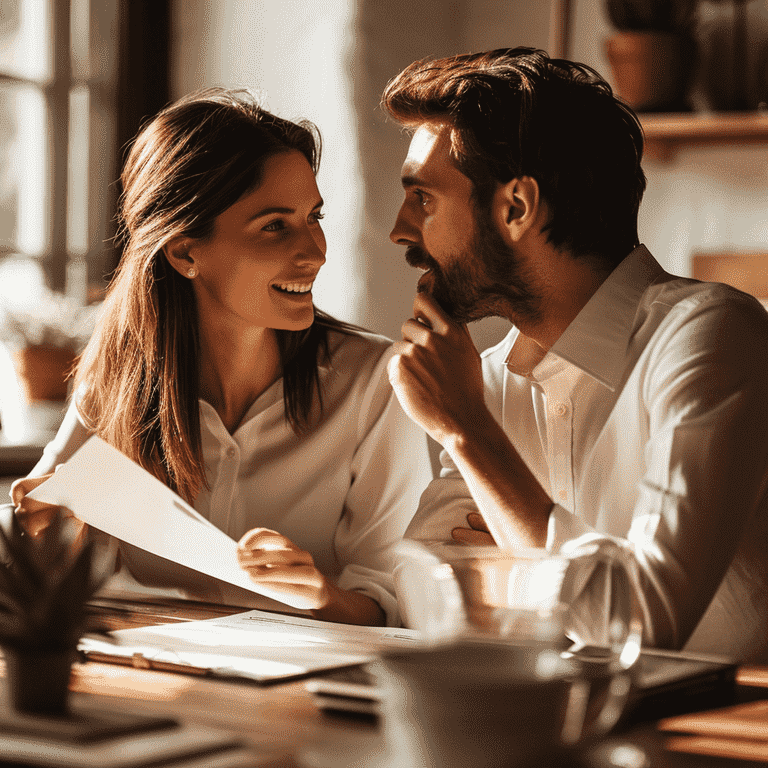 Couple in thoughtful discussion with a prenuptial agreement on the table, depicting the serious considerations involved.