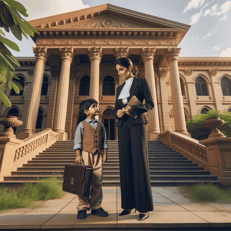 A woman in a black pantsuit and a young boy in a tan vest and pants stand on the steps of a grand, columned building, possibly a courthouse or government institution.