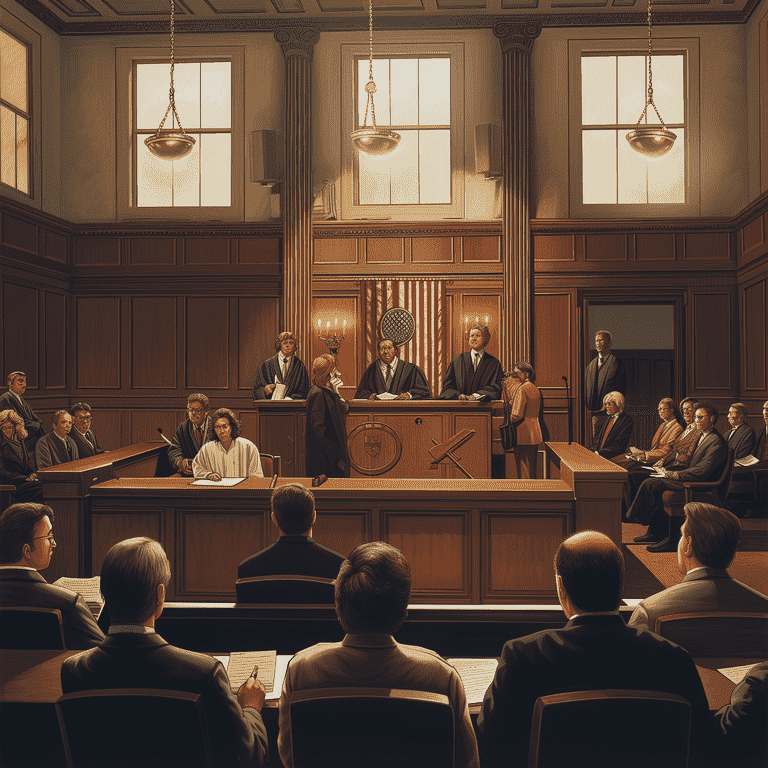 Detailed courtroom scene depicting the judge, attorneys, and bailiff in a procedural setting.