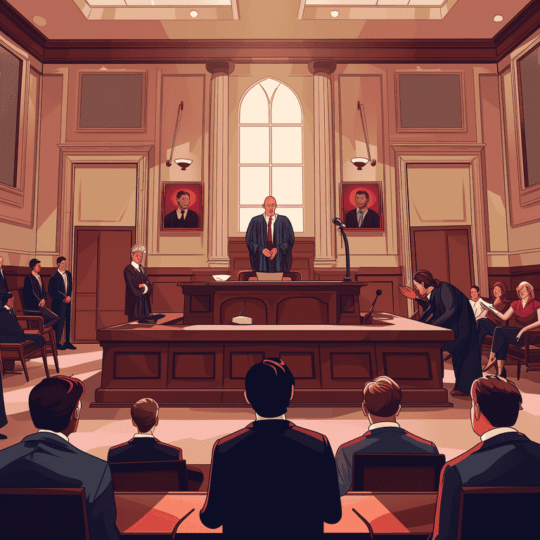 Lawyer filing post-trial motions or judge delivering sentencing in a courtroom with attentive participants.
