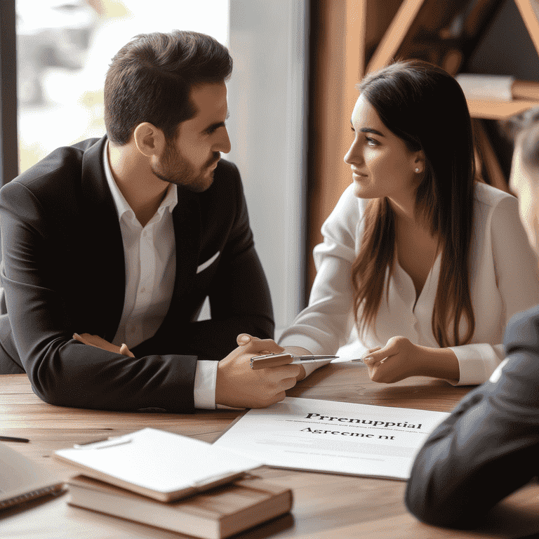 Couple and lawyer discussing a prenuptial agreement process