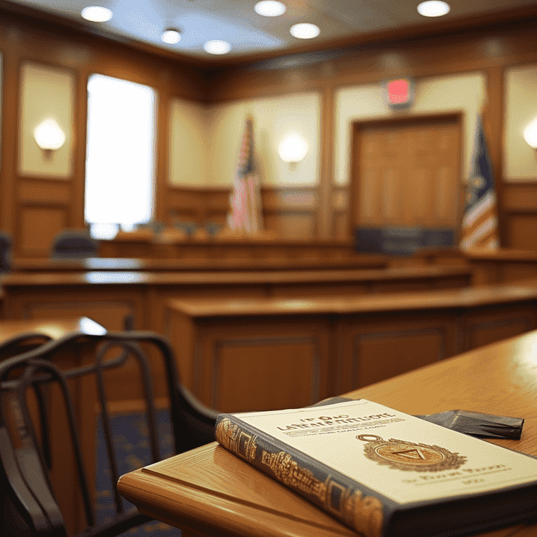 Defendant's table in a courtroom with legal documents and a Nevada flag, depicting the criminal defense process in Las Vegas.