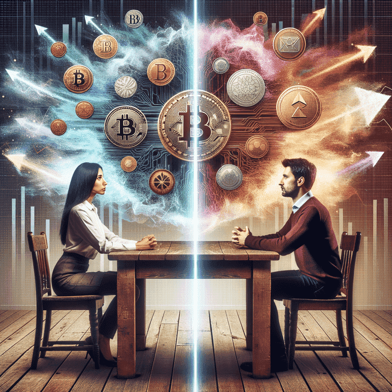 Two people discussing the division of cryptocurrency assets during a marital asset negotiation.