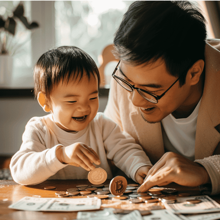 Parent and child playing with coins and bills, representing the link between custody and child support.