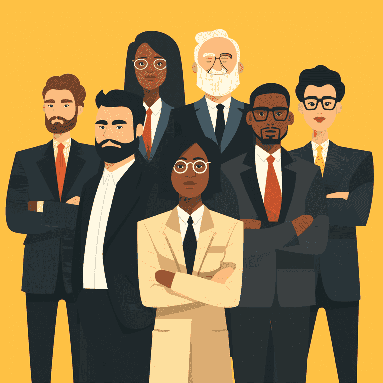 Diverse individuals standing behind a defense attorney, symbolizing the need for legal representation regardless of guilt.