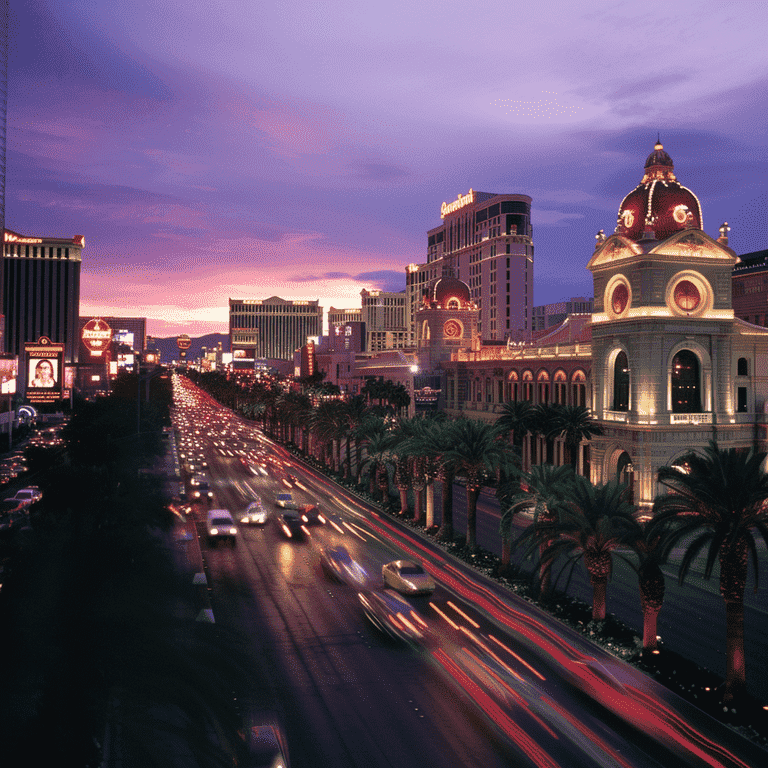 Las Vegas courthouse building with the strip lit up at dusk.