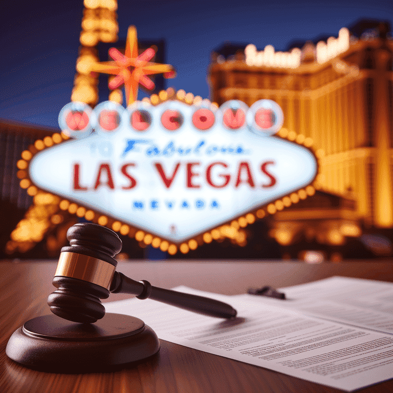 Gavel and legal documents with a hint of Las Vegas signage, symbolizing facing theft charges in the city.