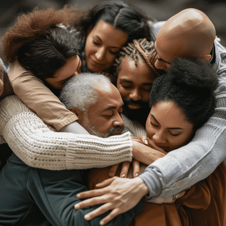 Diverse family members in a supportive group huddle, representing the community and resources available for families.