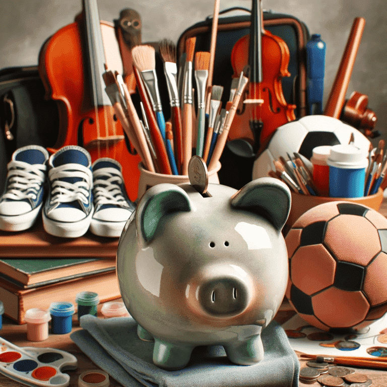 Piggy bank with background of sports and arts equipment, depicting financial aspects of extracurricular activities