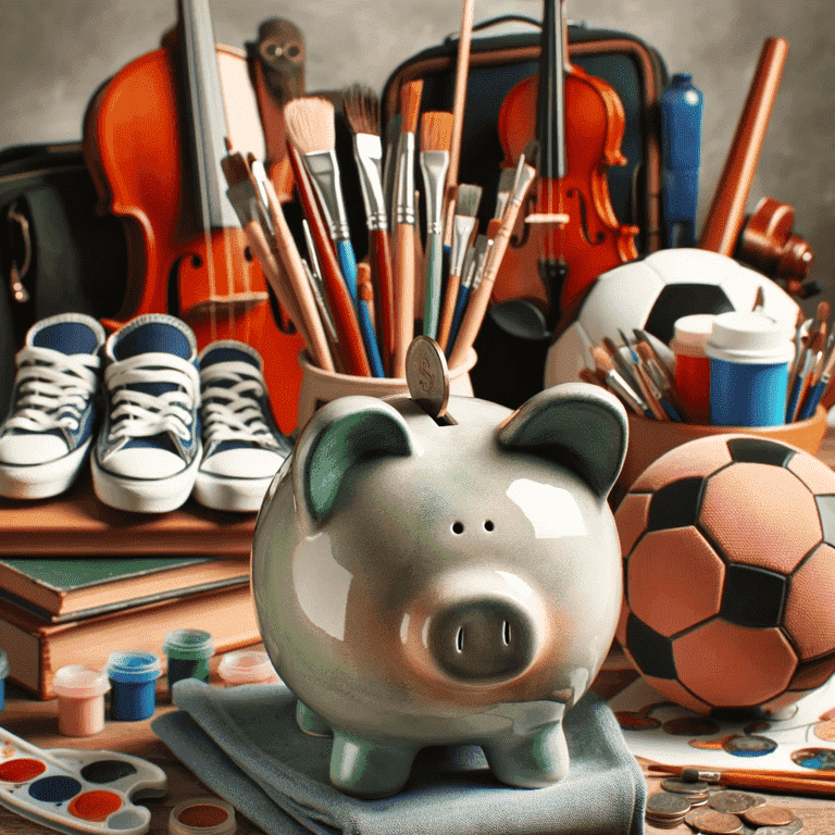 Piggy bank with background of sports and arts equipment.