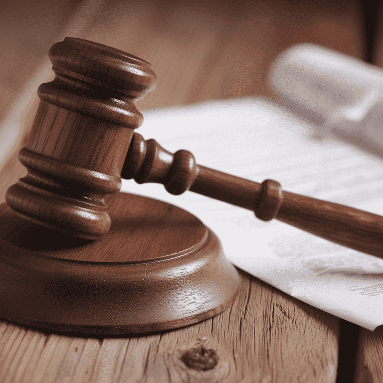 Gavel and legal documents on a wooden table, representing the legal consequences faced in public intoxication cases.