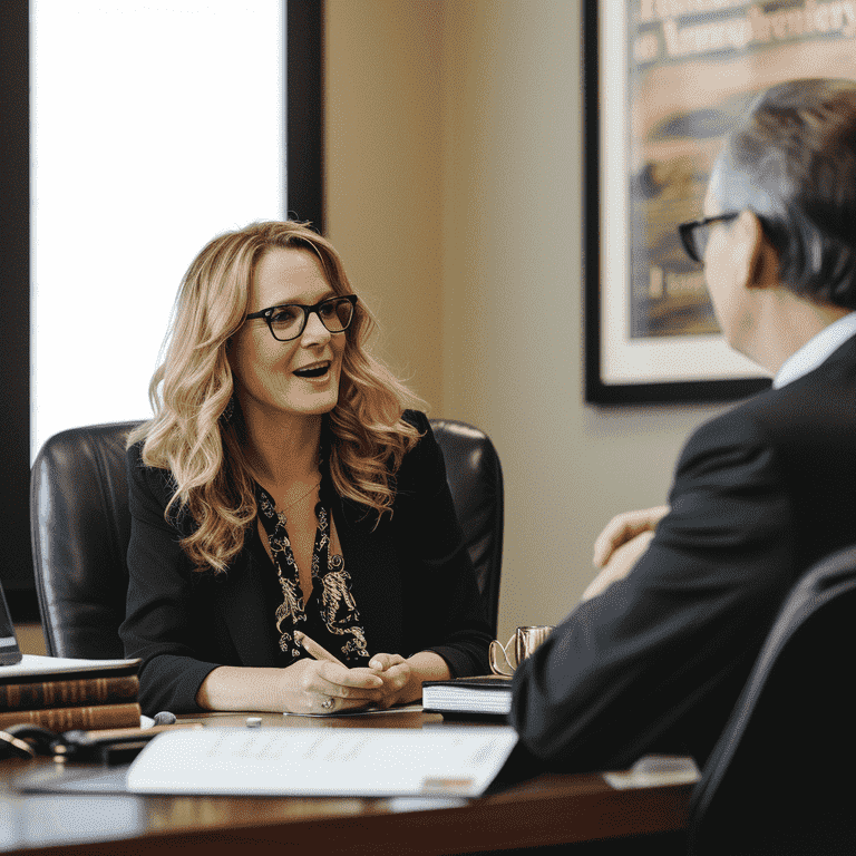 Guardianship attorney and client discussing during an initial consultation in a professional office setting.