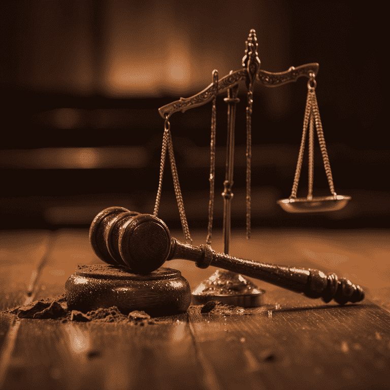 A wooden gavel and brass balance scales rest on a weathered wooden surface