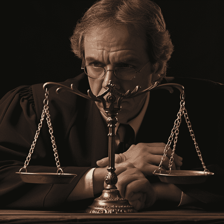 Judge thoughtfully weighing scales in a courtroom, representing the careful consideration of factors when a child refuses visitation."