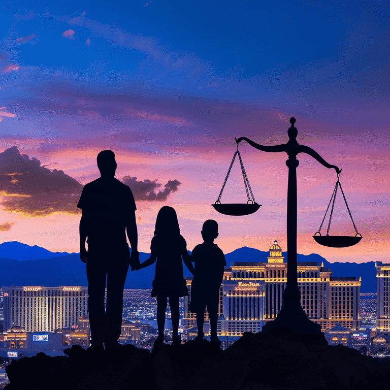 Las Vegas Skyline with Family Silhouette and Legal Scale Symbolizing Child Custody Law