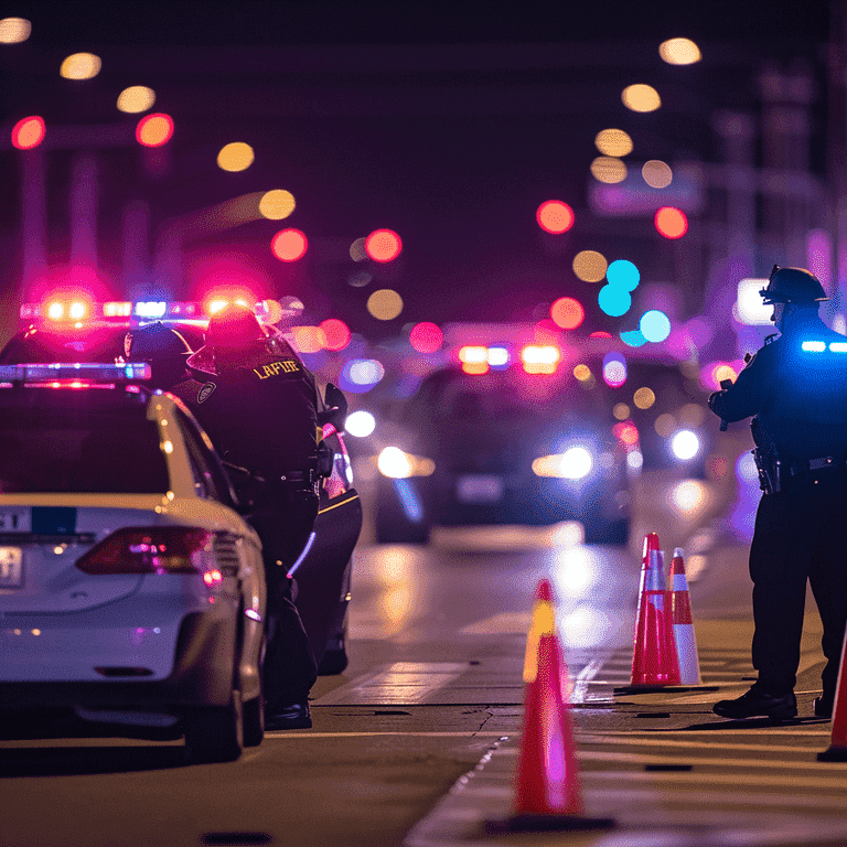 Las Vegas police officers conducting a DUI checkpoint at night with patrol cars and traffic cones.
