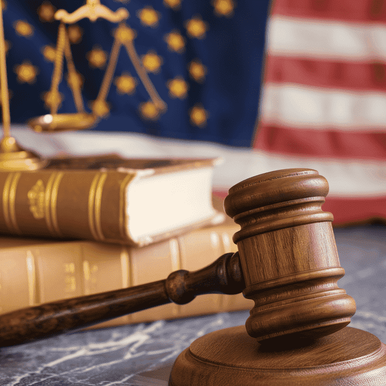 Gavel and legal books foreground with Nevada state flag in the background, depicting the legal framework in Las Vegas.