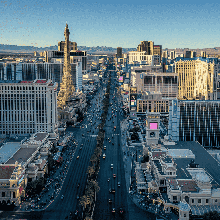 Aerial view of Las Vegas skyline with crowded streets and iconic landmarks, depicting the city's unique environment relevant to public intoxication.