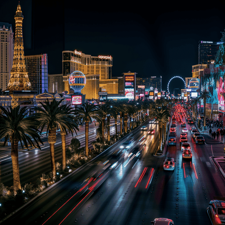 Nighttime panorama of the Las Vegas Strip with bright lights and law enforcement presence, illustrating the city's unique environment and public intoxication laws.